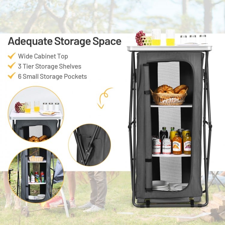 Folding camping storage cabinet with breathable mesh and wide cabinet top, perfect for organizing food and drinks.